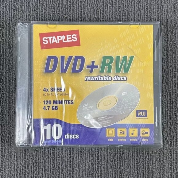 Staples DVD+RW Rewritable Discs 10-pack 4.7GB 2 Hrs Data Photos Music Video - Picture 2 of 12